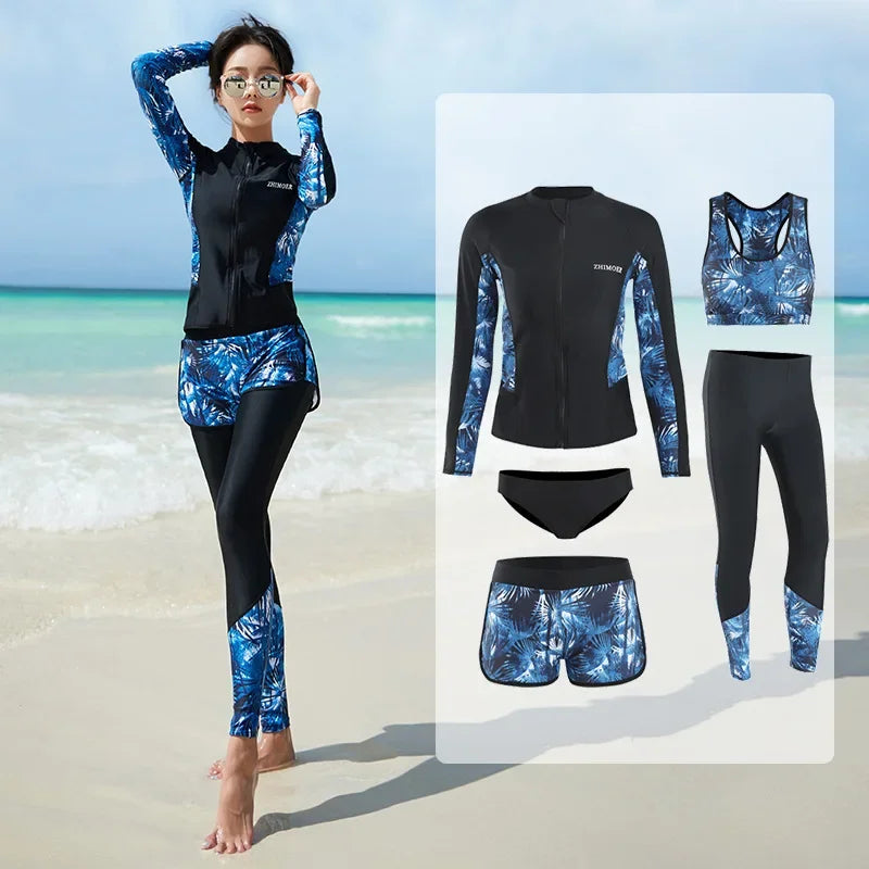Women Men's 3-5 Piece Rash Guard with Boy Shorts Long Sleeve Zipper Swimsuit  Bathing Suit Wetsuit Beachwear Tankini Tracksuit