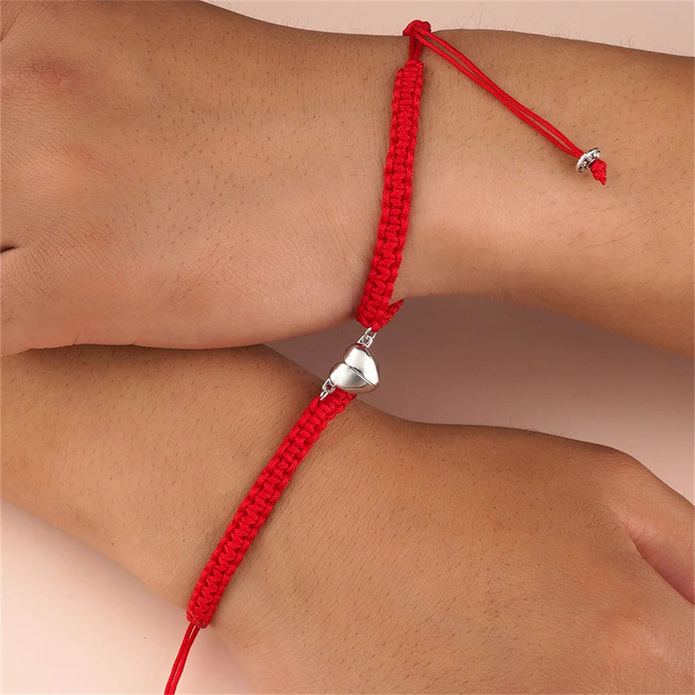 2pcs Hand-Woven Couple Bracelet Magnetic Heart Shape Braid Rope Bracelet Men'S and Women'S Gift for Anniversary Wrist Chain