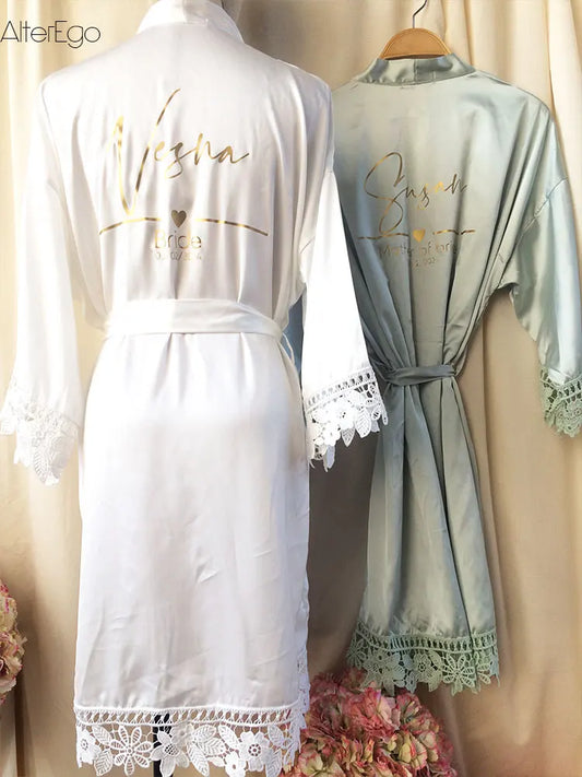 Silky Gowns Bride Tribe Wedding Morning Robes Hen Party Beautiful Lace Detail to Cuffs and Hem Robes Ladies Dressing Gown Kimono