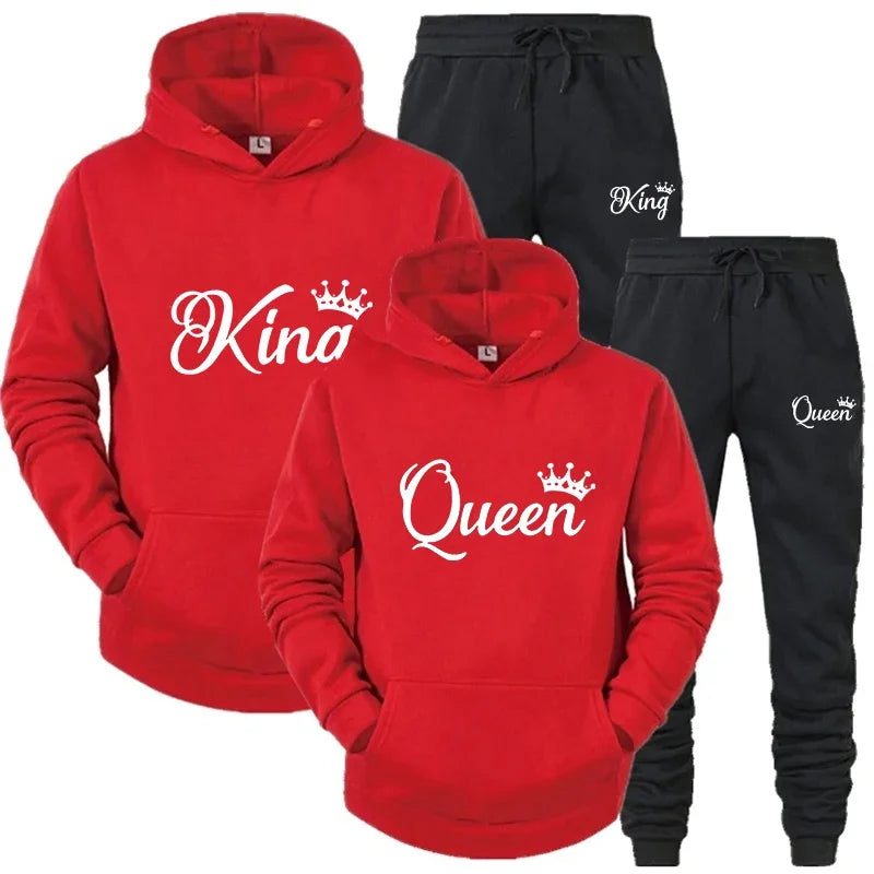 Fashion KING and QUEEN Printed Hooded Suits Autumn Winter Couple Hoodie + Pants 2-piece Suit