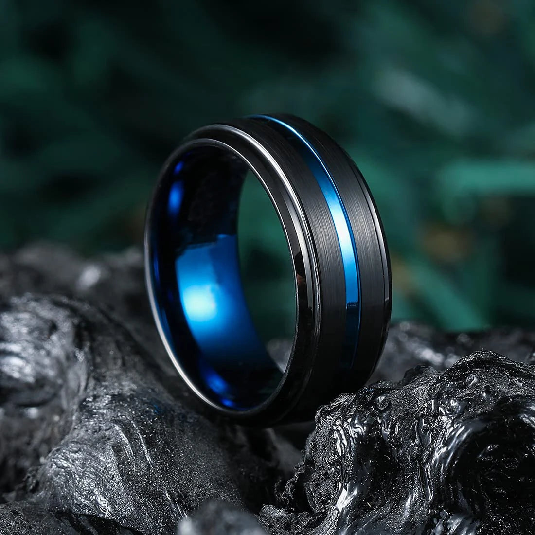 Fashion 8mm Black Tungsten Wedding Ring For Men Thin Blue Line Groove Black Brushed Ladder Edge Ring Men's Wedding Band Jewelry