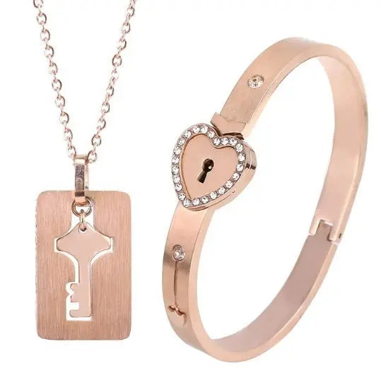 Stainless Steel Couple Bracelet Love Heart Lock Bracelets Bangle Key Pendant Necklace For Women Men Valentine's Day Jewelry Gift