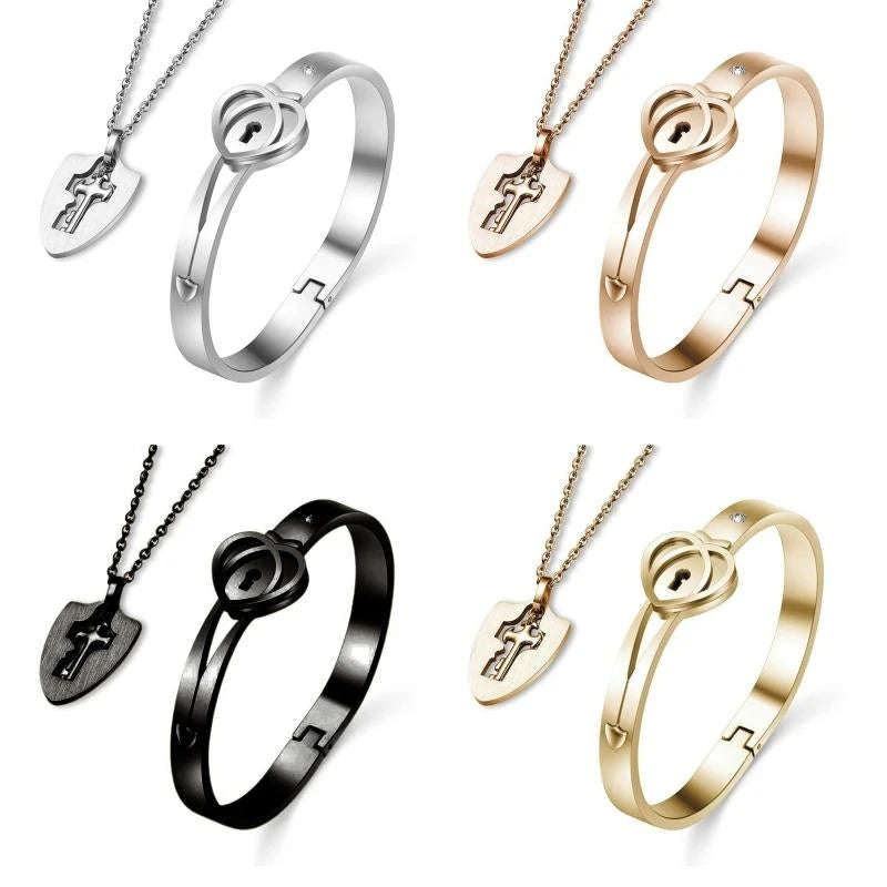 31BF Romantic Gift for Valentines Day Lock Bracelet and for Key Necklace Set for Coup