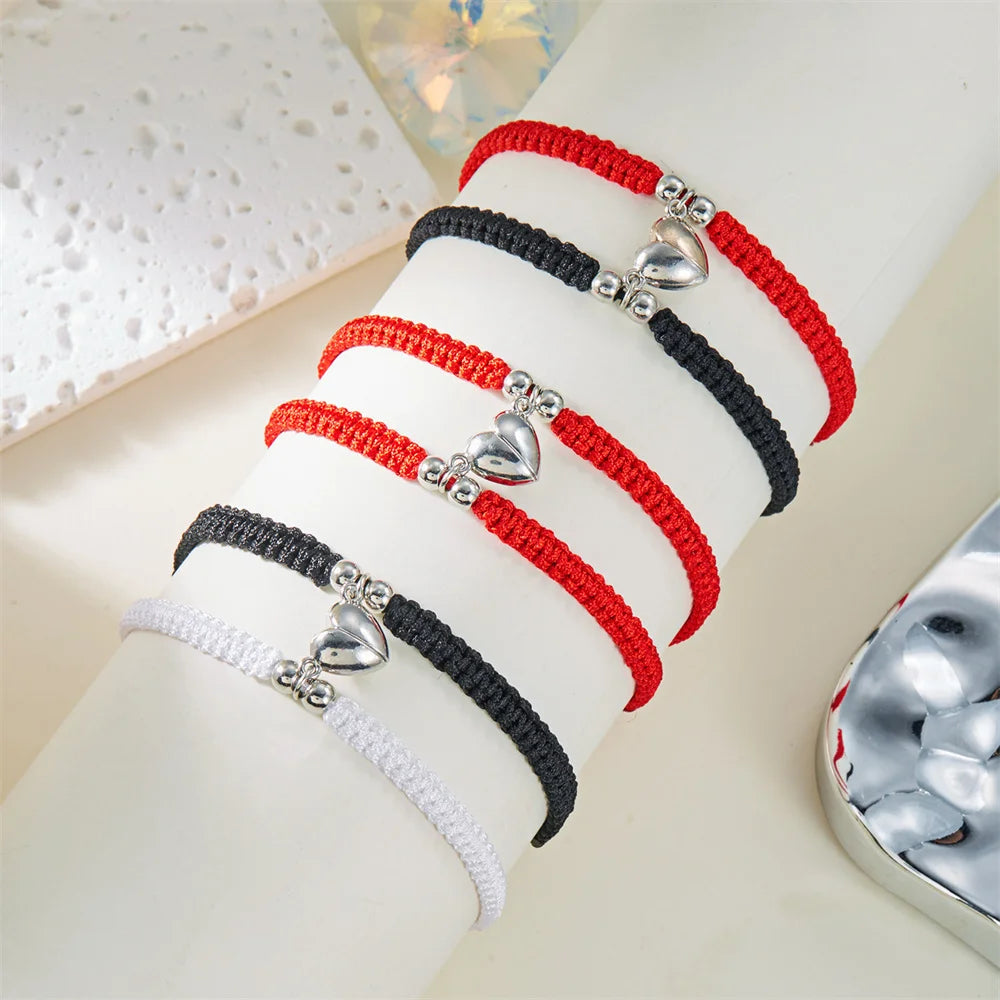 2pcs Hand-Woven Couple Bracelet Magnetic Heart Shape Braid Rope Bracelet Men'S and Women'S Gift for Anniversary Wrist Chain