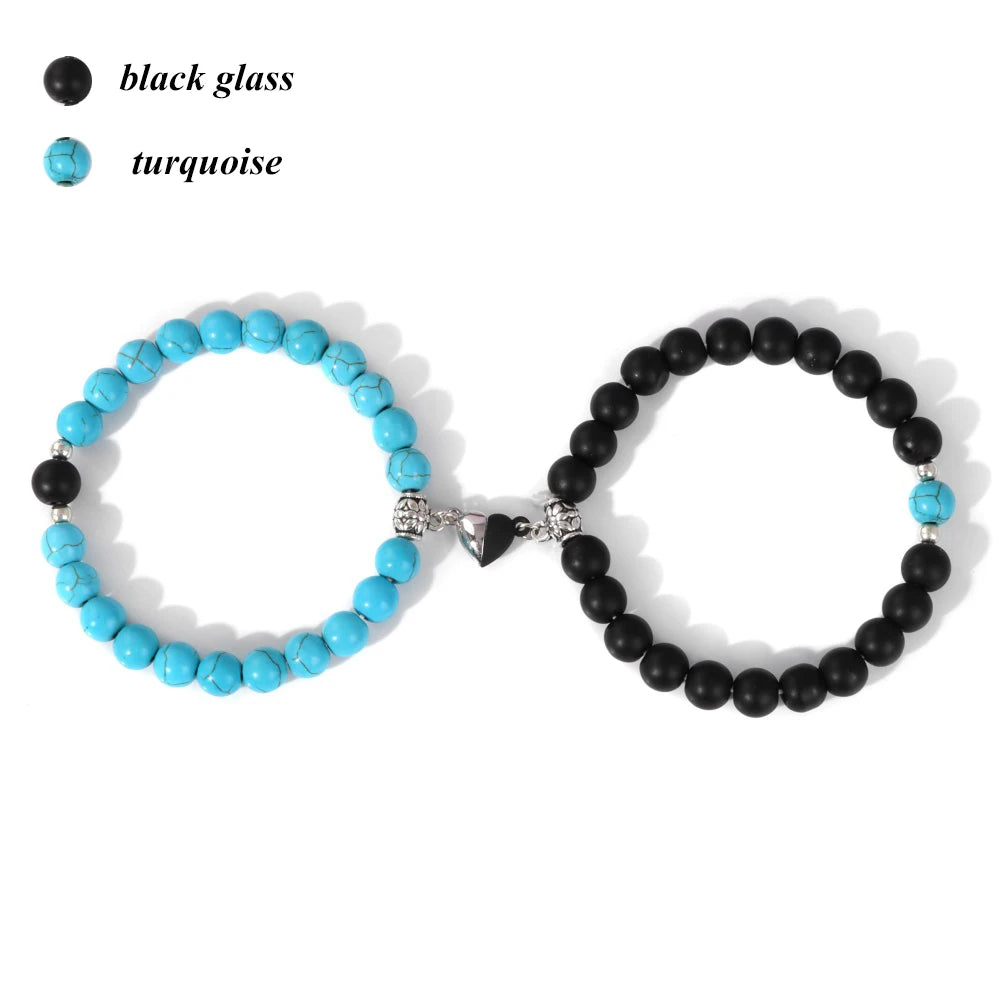 Magnet Couple Bracelet For Lovers Best Friends Friendships Natural Turquois Lava Gem Stone Bead Stretch Bangle Jewelry Gift