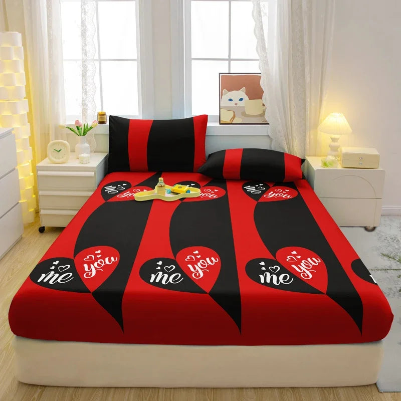 1 Simple Modern Heart-Shaped Printed Matte Fitted Sheet, Bedroom Printed Bed Cover, Bedding (Excluding Pillowcases)