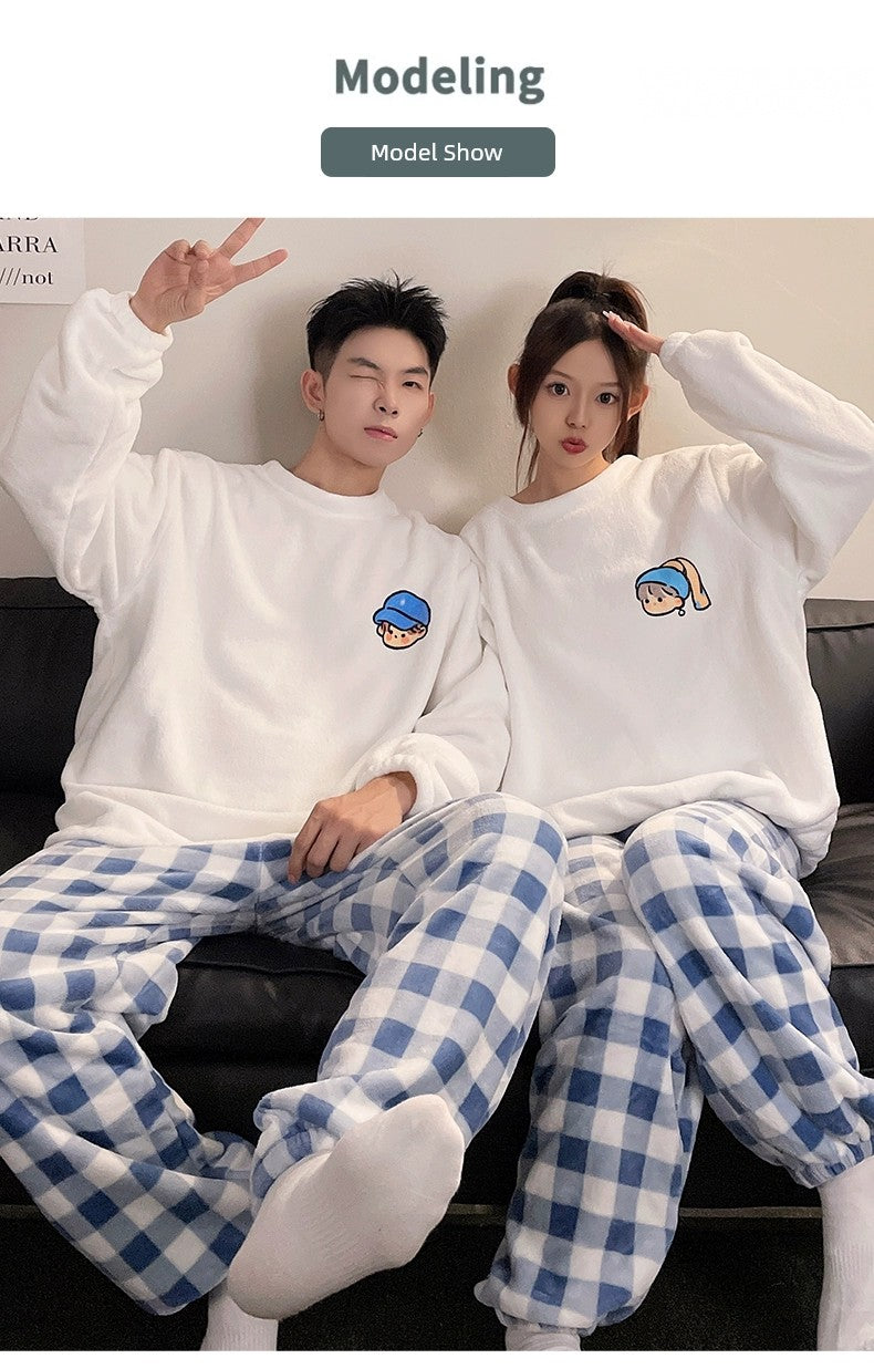 Women's Coral Fleece Cute Cartoon Gingham Couple Pajamas