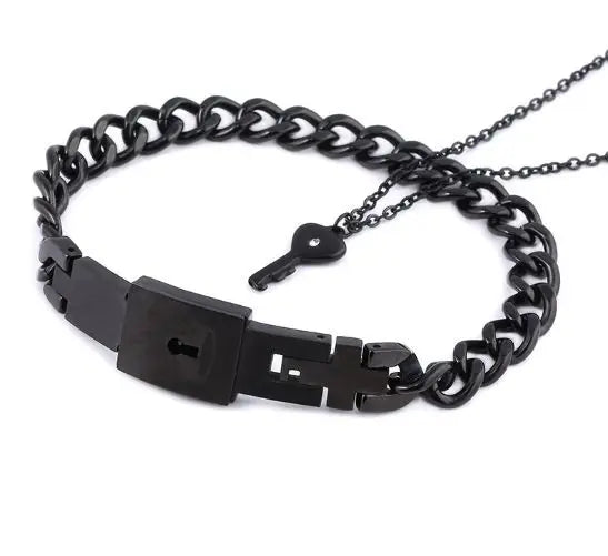 Stainless Steel Couple Bracelet Love Heart Lock Bracelets Bangle Key Pendant Necklace For Women Men Valentine's Day Jewelry Gift