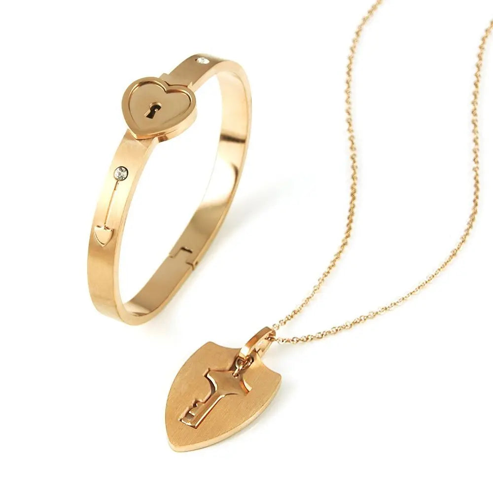 Stainless Steel Couple Bracelet Love Heart Lock Bracelets Bangle Key Pendant Necklace For Women Men Valentine's Day Jewelry Gift
