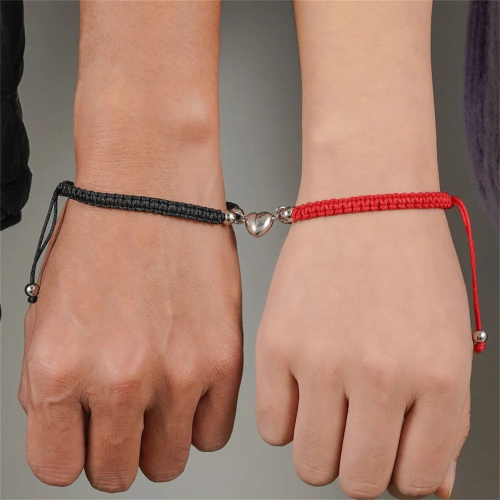 2pcs Hand-Woven Couple Bracelet Magnetic Heart Shape Braid Rope Bracelet Men'S and Women'S Gift for Anniversary Wrist Chain