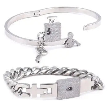 Stainless Steel Couple Bracelet Love Heart Lock Bracelets Bangle Key Pendant Necklace For Women Men Valentine's Day Jewelry Gift