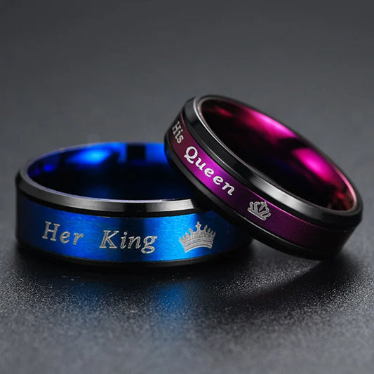 Fashion Blue Purple Couple Ring Jewelry Her King and His Queen Stainless Steel Wedding Rings For Women Men Engagement Ring