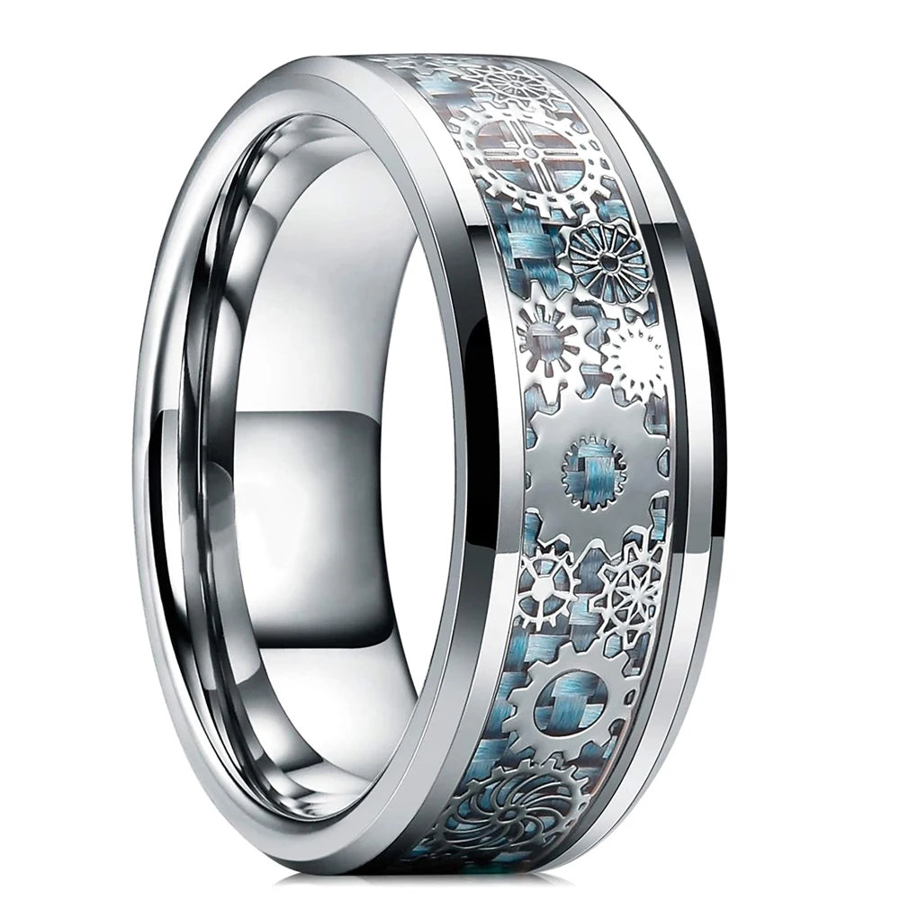 Fashion 8mm Black Tungsten Wedding Ring For Men Thin Blue Line Groove Black Brushed Ladder Edge Ring Men's Wedding Band Jewelry