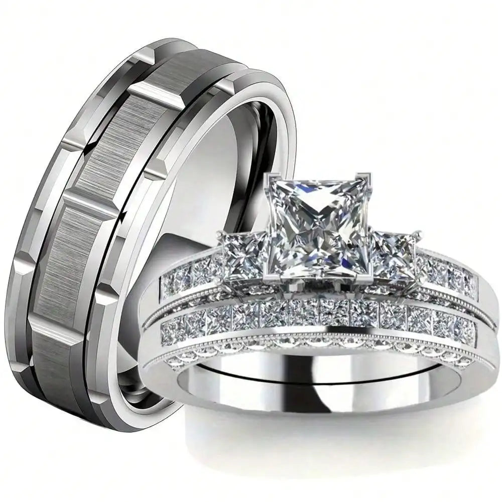 Fashion Silver Color Couple Rings for Lover's Trendy Stainless Steel Men Rings Cute Women Rhinestones Zircon Rings Set