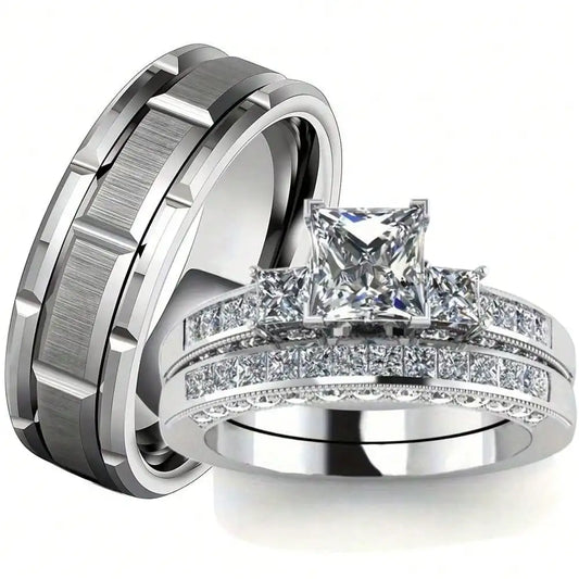 Fashion Silver Color Couple Rings for Lover's Trendy Stainless Steel Men Rings Cute Women Rhinestones Zircon Rings Set