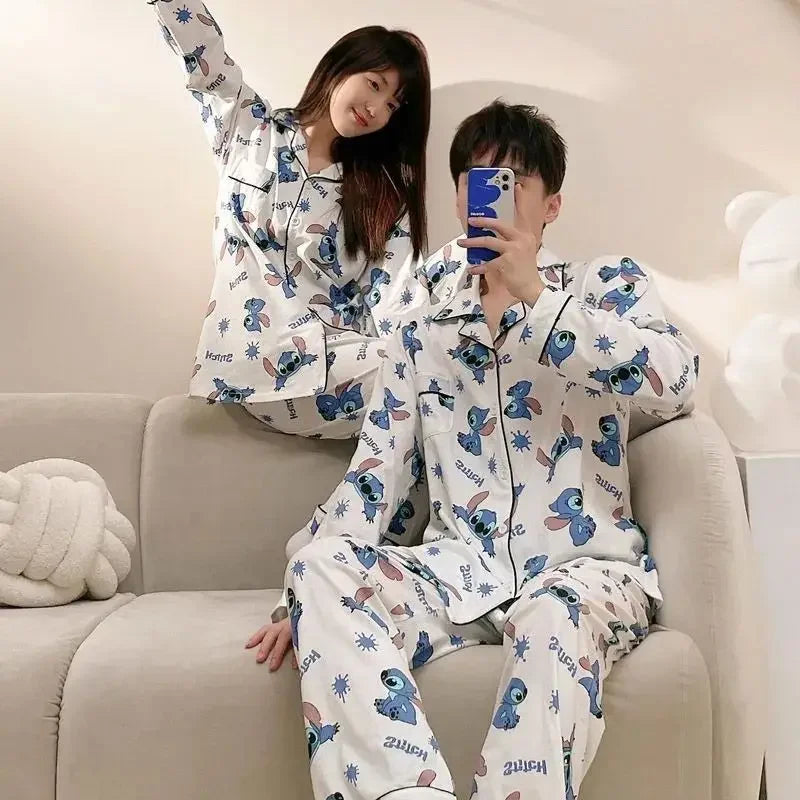 Disney Lilo & Stitch Pajama Pantsins Japanese Style Long Sleeve Trousers Spring and Autumn Cute Cartoon Couple Home Wear Set