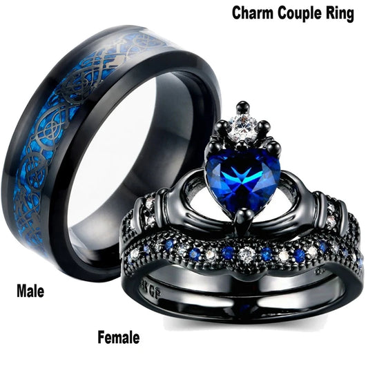 Popular Couple Romantic Couple Ring Fashion Jewelry Anniversary Wedding Black Heart Cubic Zirconia Ring Set Lover Gift