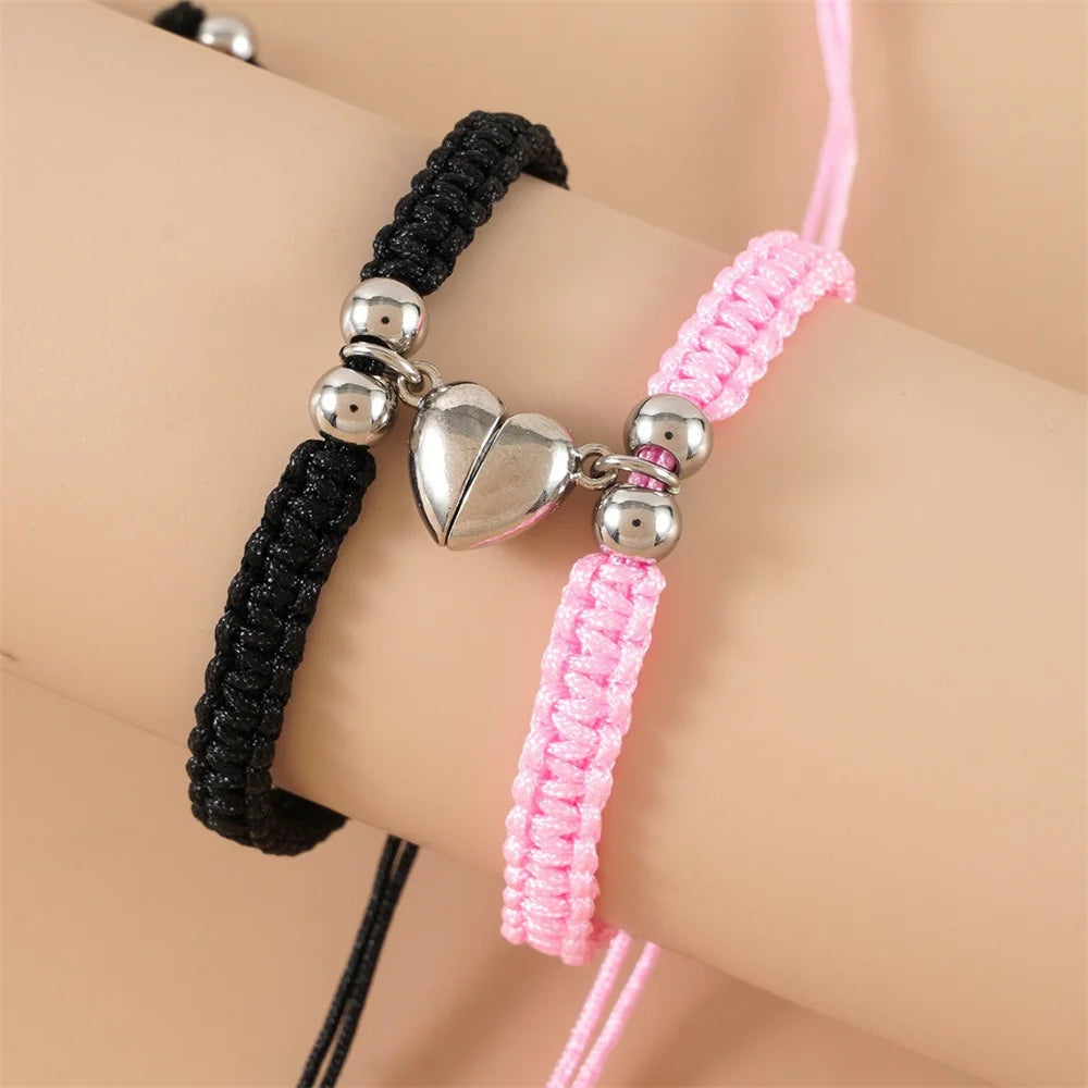 2pcs Hand-Woven Couple Bracelet Magnetic Heart Shape Braid Rope Bracelet Men'S and Women'S Gift for Anniversary Wrist Chain