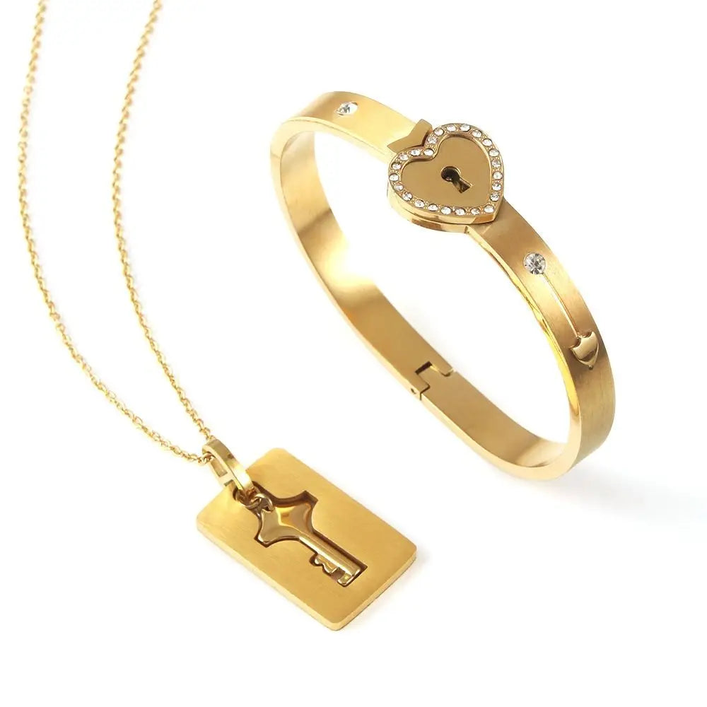 Stainless Steel Couple Bracelet Love Heart Lock Bracelets Bangle Key Pendant Necklace For Women Men Valentine's Day Jewelry Gift