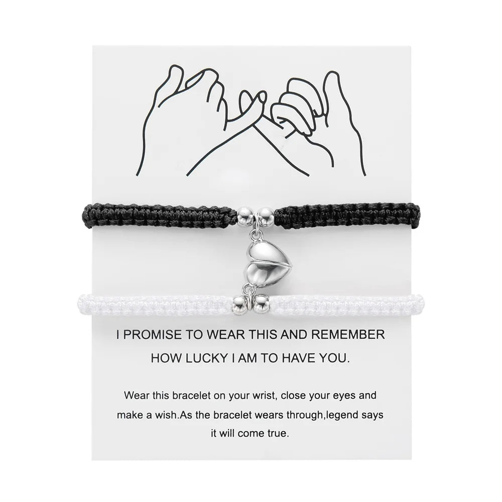 2pcs Hand-Woven Couple Bracelet Magnetic Heart Shape Braid Rope Bracelet Men'S and Women'S Gift for Anniversary Wrist Chain