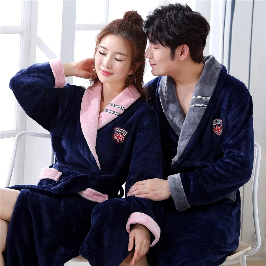 Winter Thick Couple Robe Coral Fleece Sleepwear Plush Warm Flannel Kimono Bathrobe Gown with Pocket Men Homewear Lounge Wear