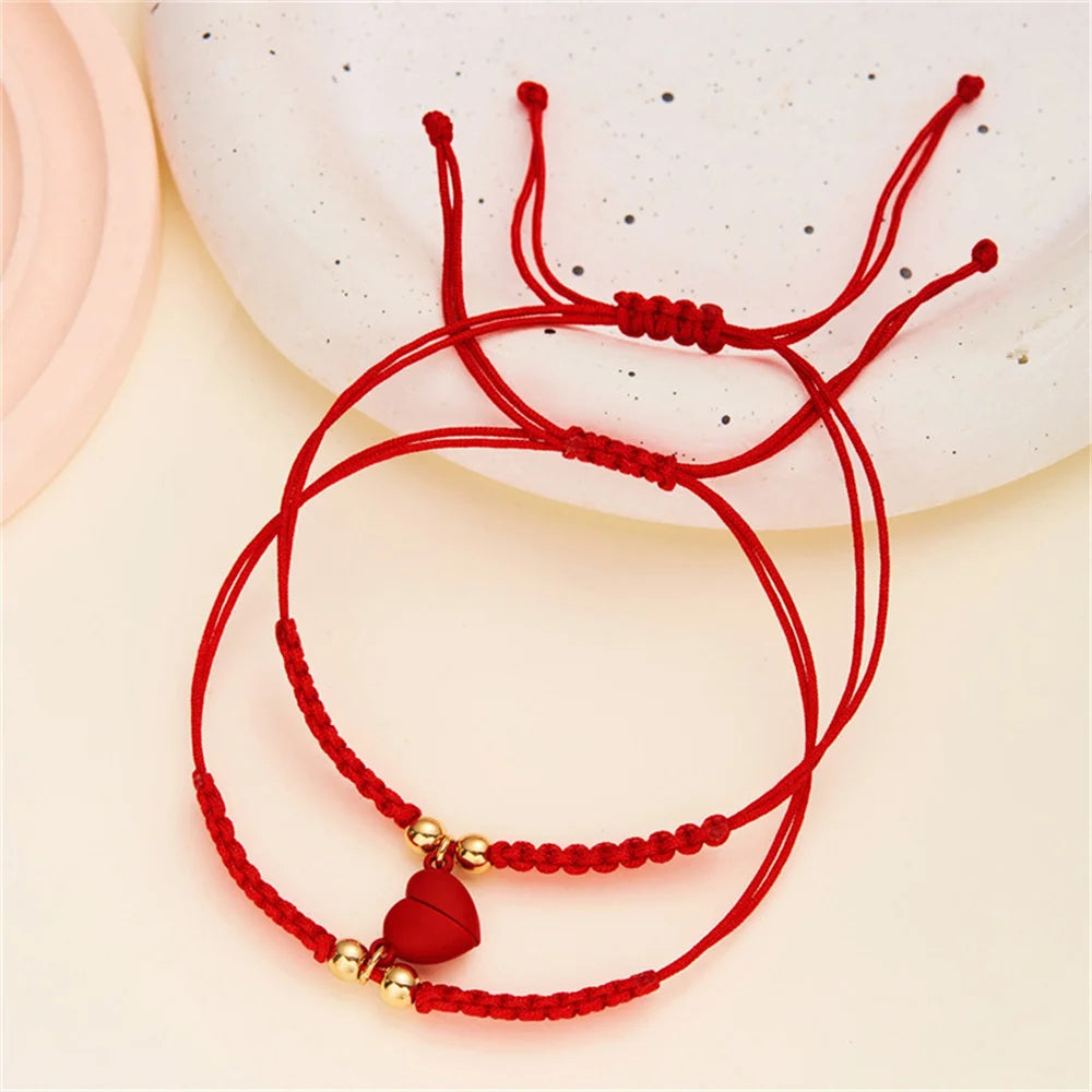 2pcs Hand-Woven Couple Bracelet Magnetic Heart Shape Braid Rope Bracelet Men'S and Women'S Gift for Anniversary Wrist Chain