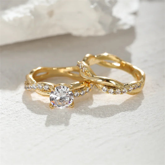 Female Round Zircon Bridal Sets Silver Gold Color White Crystal Stone Crossed Wedding Bands Promise Engagement Rings For Women