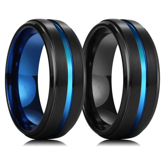 Fashion 8mm Black Tungsten Wedding Ring For Men Thin Blue Line Groove Black Brushed Ladder Edge Ring Men's Wedding Band Jewelry