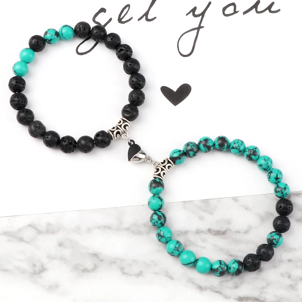 Hot Couple Yin Yang Bracelet Set Men 8mm Natural Stone Heart shape Magnet Love Braclet for Women Friendship Fashion Jewelry Gift