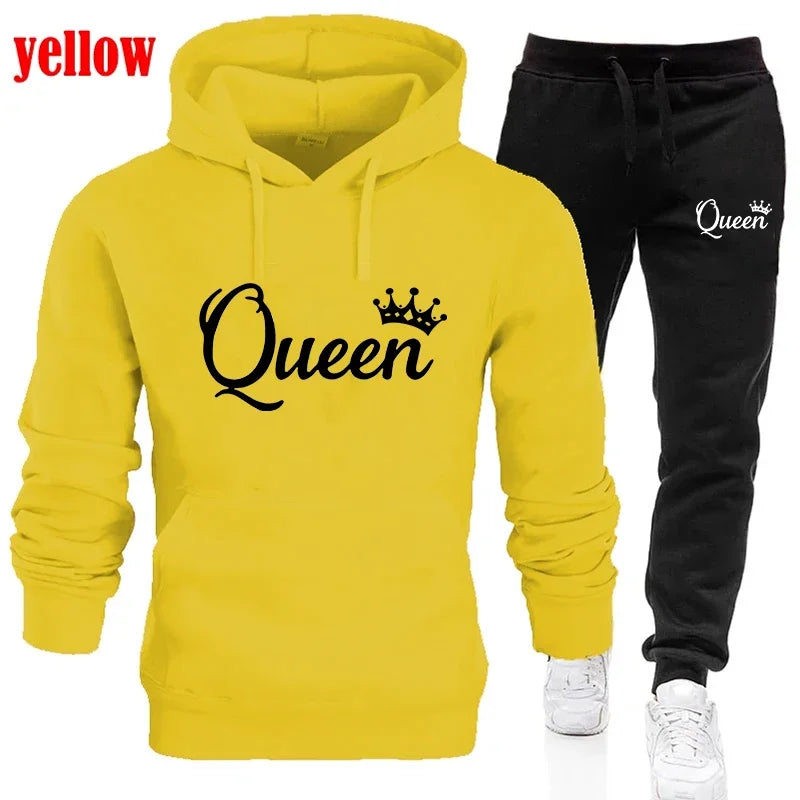 Fashion KING and QUEEN Printed Hooded Suits Autumn Winter Couple Hoodie + Pants 2-piece Suit