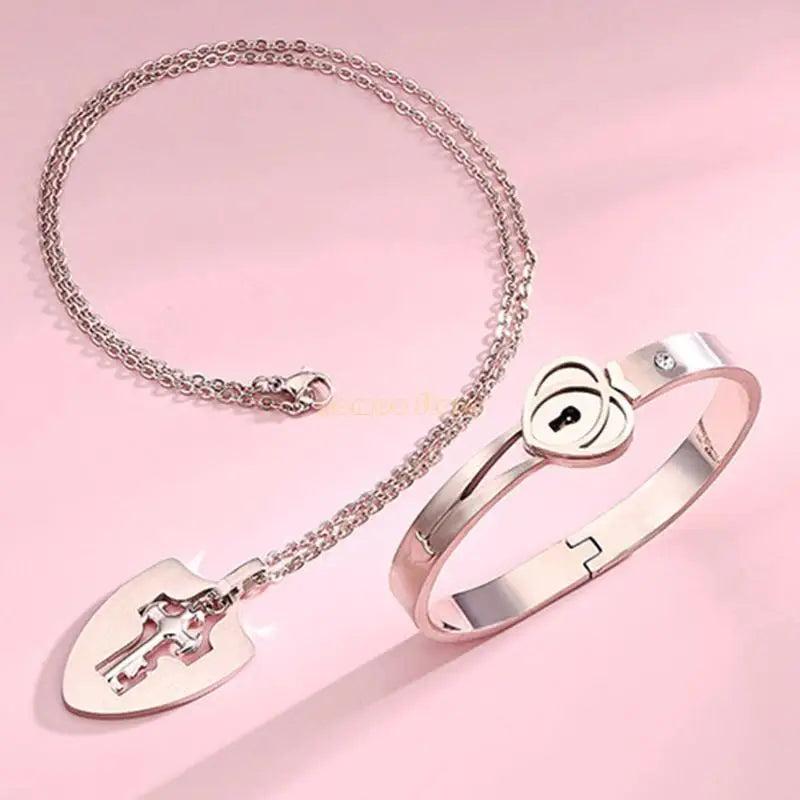 31BF Romantic Gift for Valentines Day Lock Bracelet and for Key Necklace Set for Coup