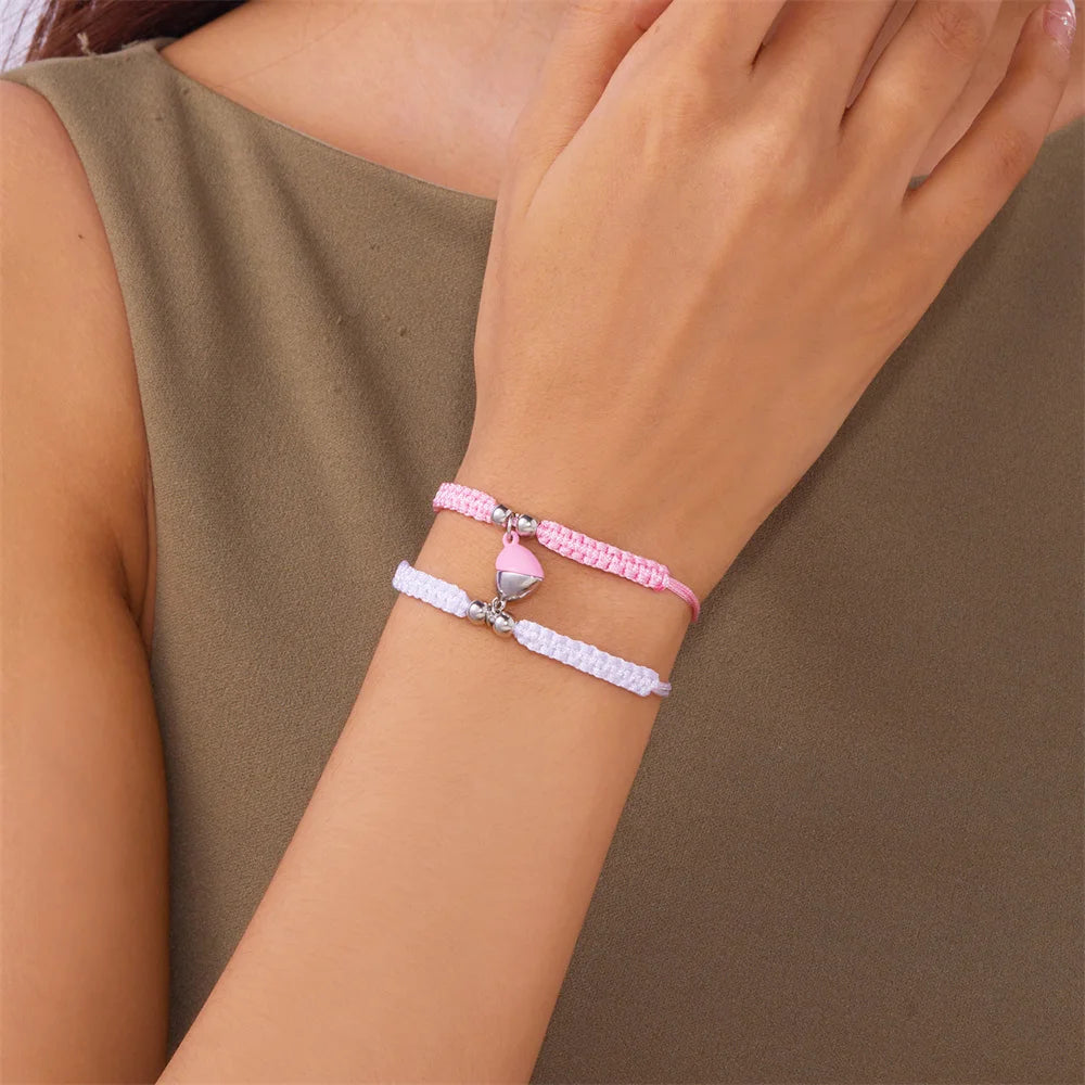 2pcs Hand-Woven Couple Bracelet Magnetic Heart Shape Braid Rope Bracelet Men'S and Women'S Gift for Anniversary Wrist Chain