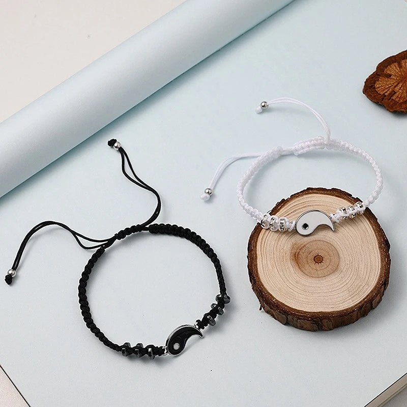 1PC Unique Simple Tai Chi Bagua Black And White Yin And Yang Rope Braided Telescopic Adjustment Bracelet For Men And Women Coupl