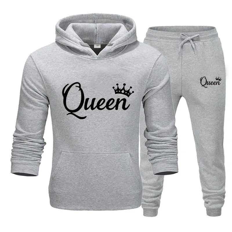 Fashion KING and QUEEN Printed Hooded Suits Autumn Winter Couple Hoodie + Pants 2-piece Suit