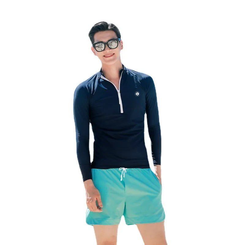 2pcs/set Long Sleeve Sun UV Protection Performance Fit Compression Men's Rash Guard Shirts Swim Workout Clothes Swimsuit