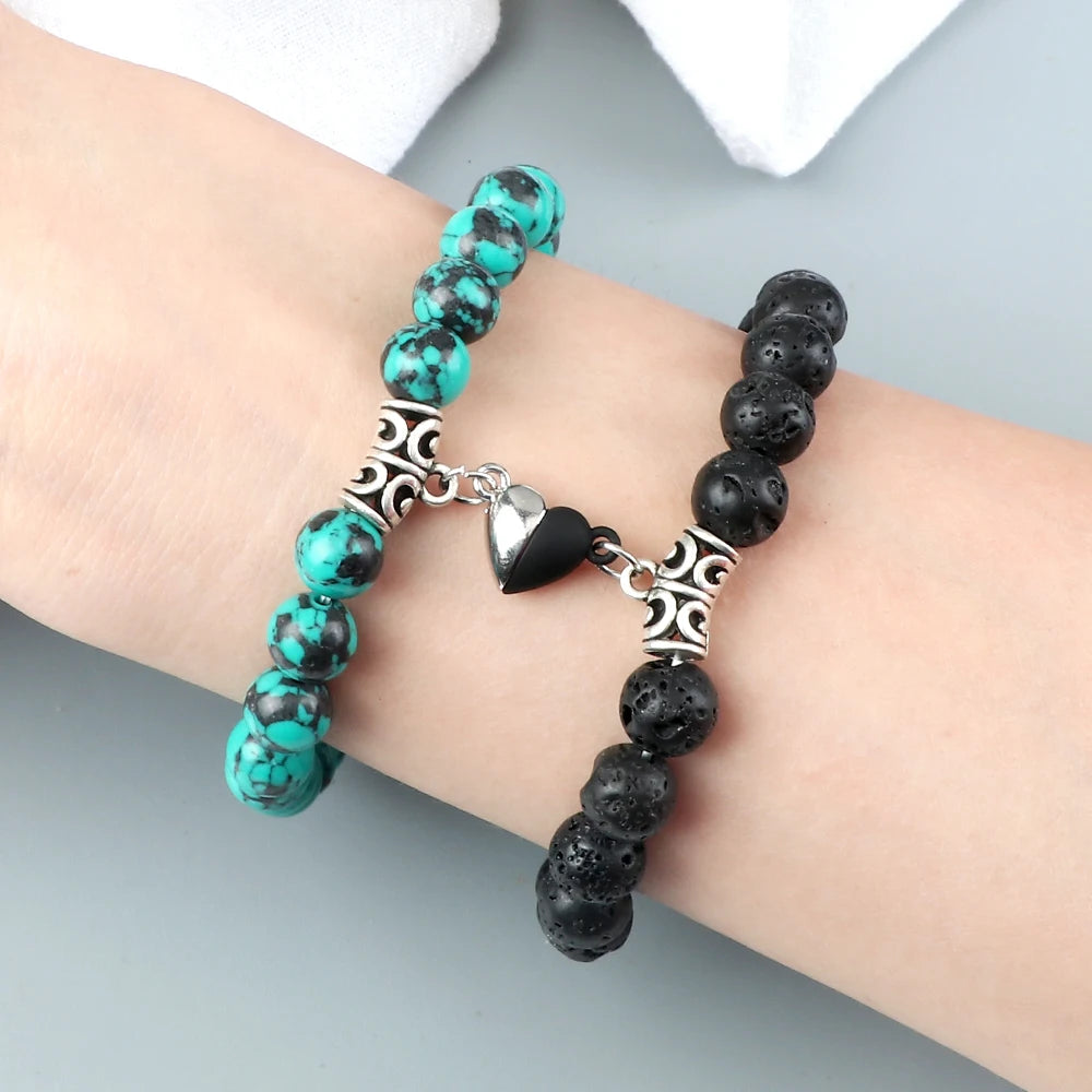 Hot Couple Yin Yang Bracelet Set Men 8mm Natural Stone Heart shape Magnet Love Braclet for Women Friendship Fashion Jewelry Gift