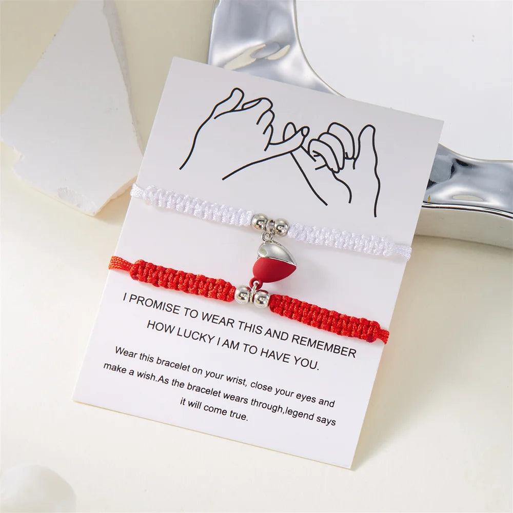 2pcs Hand-Woven Couple Bracelet Magnetic Heart Shape Braid Rope Bracelet Men'S and Women'S Gift for Anniversary Wrist Chain