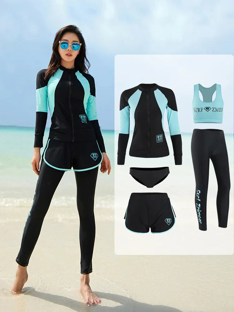 Women Men's 3-5 Piece Rash Guard with Boy Shorts Long Sleeve Zipper Swimsuit  Bathing Suit Wetsuit Beachwear Tankini Tracksuit
