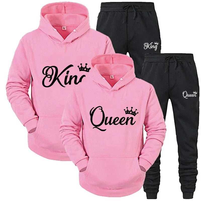 Fashion KING and QUEEN Printed Hooded Suits Autumn Winter Couple Hoodie + Pants 2-piece Suit