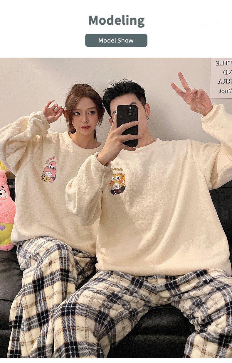 Couple Pajamas Women's Coral Fleece Winter Thickened Fleece-lined Autumn and Winter Day Flannel Plus Size Men's Home Wear Suit