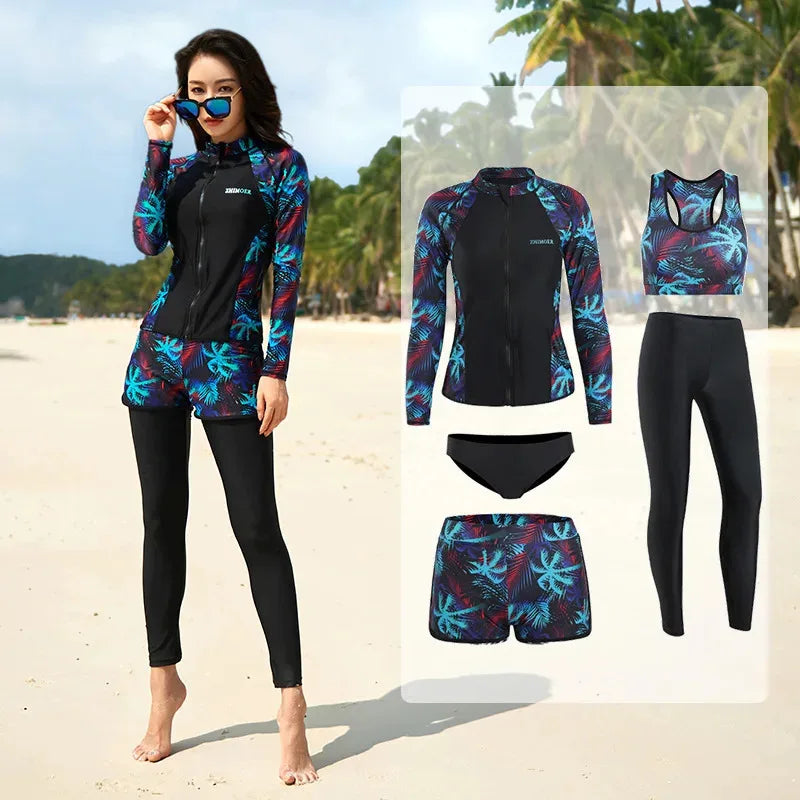 Women Men's 3-5 Piece Rash Guard with Boy Shorts Long Sleeve Zipper Swimsuit  Bathing Suit Wetsuit Beachwear Tankini Tracksuit