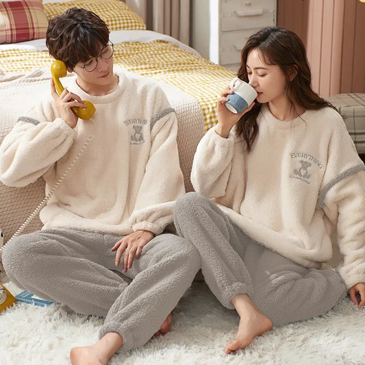 Couple's Flannel Pajamas Round Neck Long Sleeve Korean Style Homewear Pullover Thickened Autumn Winter Warm Round Neck Pajamas