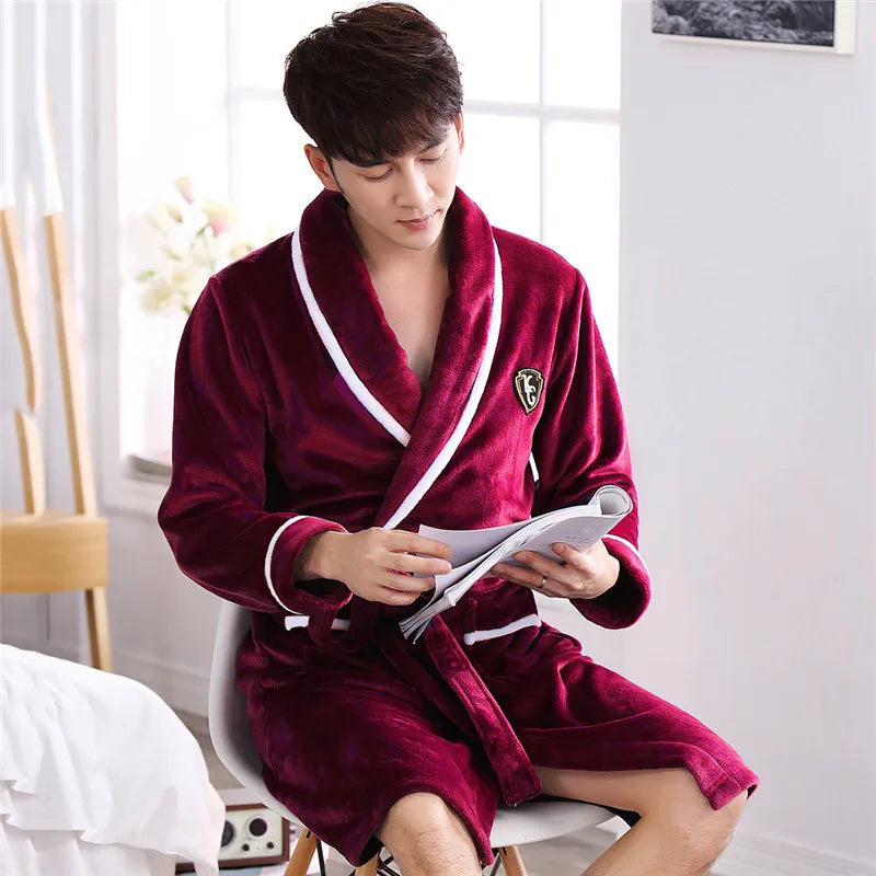 Winter Thick Couple Robe Coral Fleece Sleepwear Plush Warm Flannel Kimono Bathrobe Gown with Pocket Men Homewear Lounge Wear