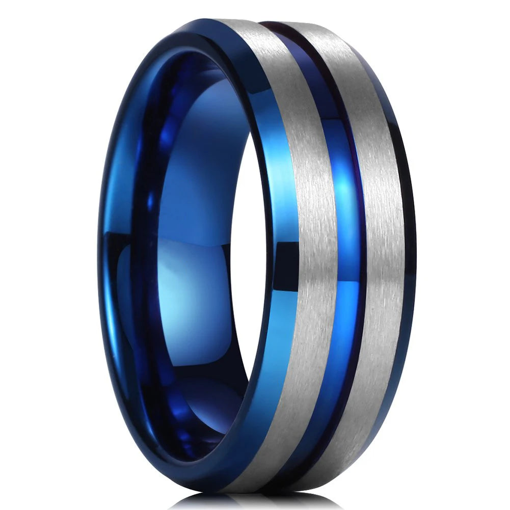 Fashion 8mm Black Tungsten Wedding Ring For Men Thin Blue Line Groove Black Brushed Ladder Edge Ring Men's Wedding Band Jewelry