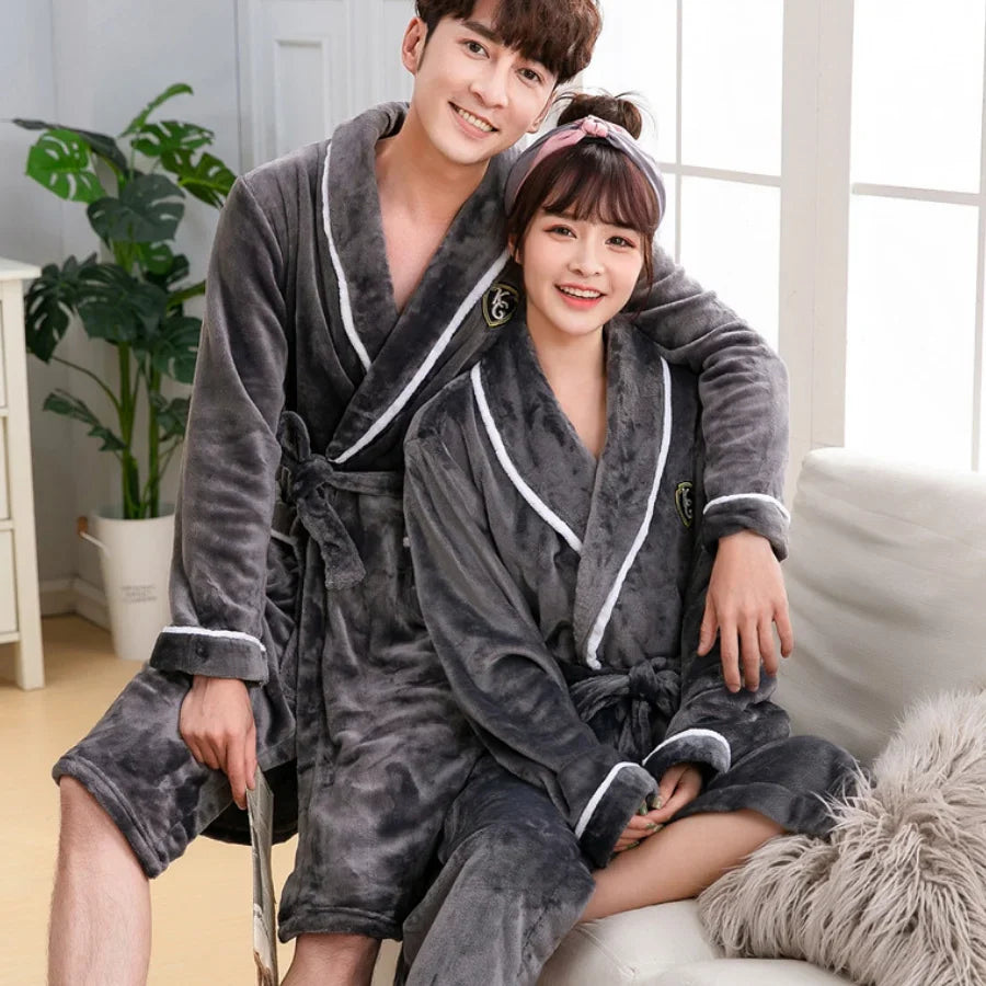 Winter Thick Couple Robe Coral Fleece Sleepwear Plush Warm Flannel Kimono Bathrobe Gown with Pocket Men Homewear Lounge Wear