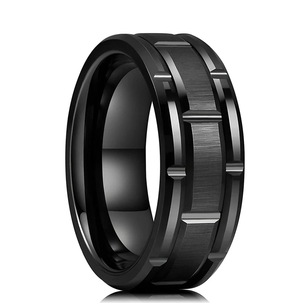 Fashion 8mm Black Tungsten Wedding Ring For Men Thin Blue Line Groove Black Brushed Ladder Edge Ring Men's Wedding Band Jewelry