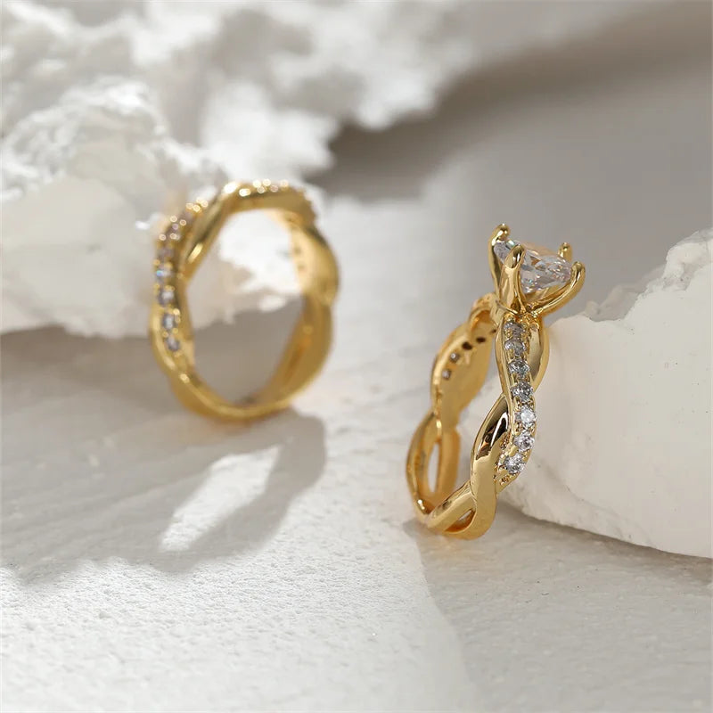 Female Round Zircon Bridal Sets Silver Gold Color White Crystal Stone Crossed Wedding Bands Promise Engagement Rings For Women