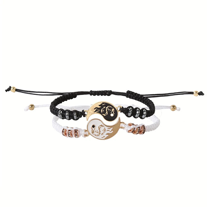 1PC Unique Simple Tai Chi Bagua Black And White Yin And Yang Rope Braided Telescopic Adjustment Bracelet For Men And Women Coupl