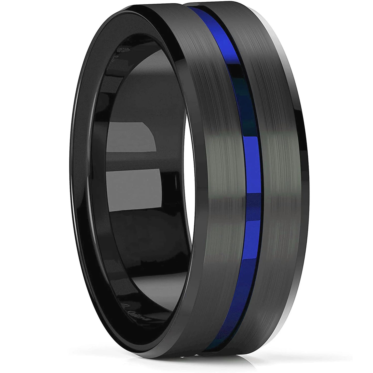 Fashion 8mm Black Tungsten Wedding Ring For Men Thin Blue Line Groove Black Brushed Ladder Edge Ring Men's Wedding Band Jewelry