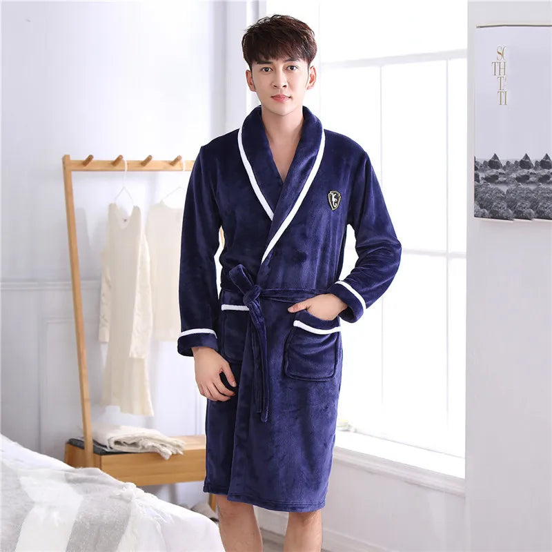 Winter Thick Couple Robe Coral Fleece Sleepwear Plush Warm Flannel Kimono Bathrobe Gown with Pocket Men Homewear Lounge Wear